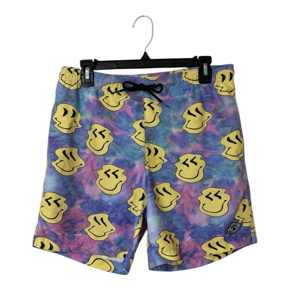 Pacsun Tie-Dye Wiggly Smile Face Swim Shorts in Yellow & Multicolor Size Small